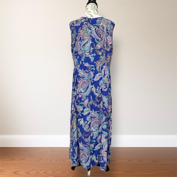 Talbots 16P Blue Paisley Maxi Dress Sleeveless V-Neck Flowy Boho Resort Travel - Picture 4 of 7
